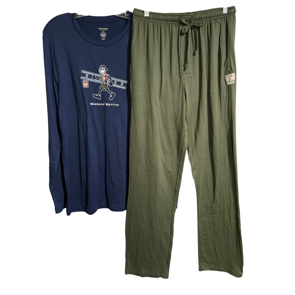 Life Is Good Mens Small Weekend Warrior Blue Shirt Olive Green Pants Sleepwear